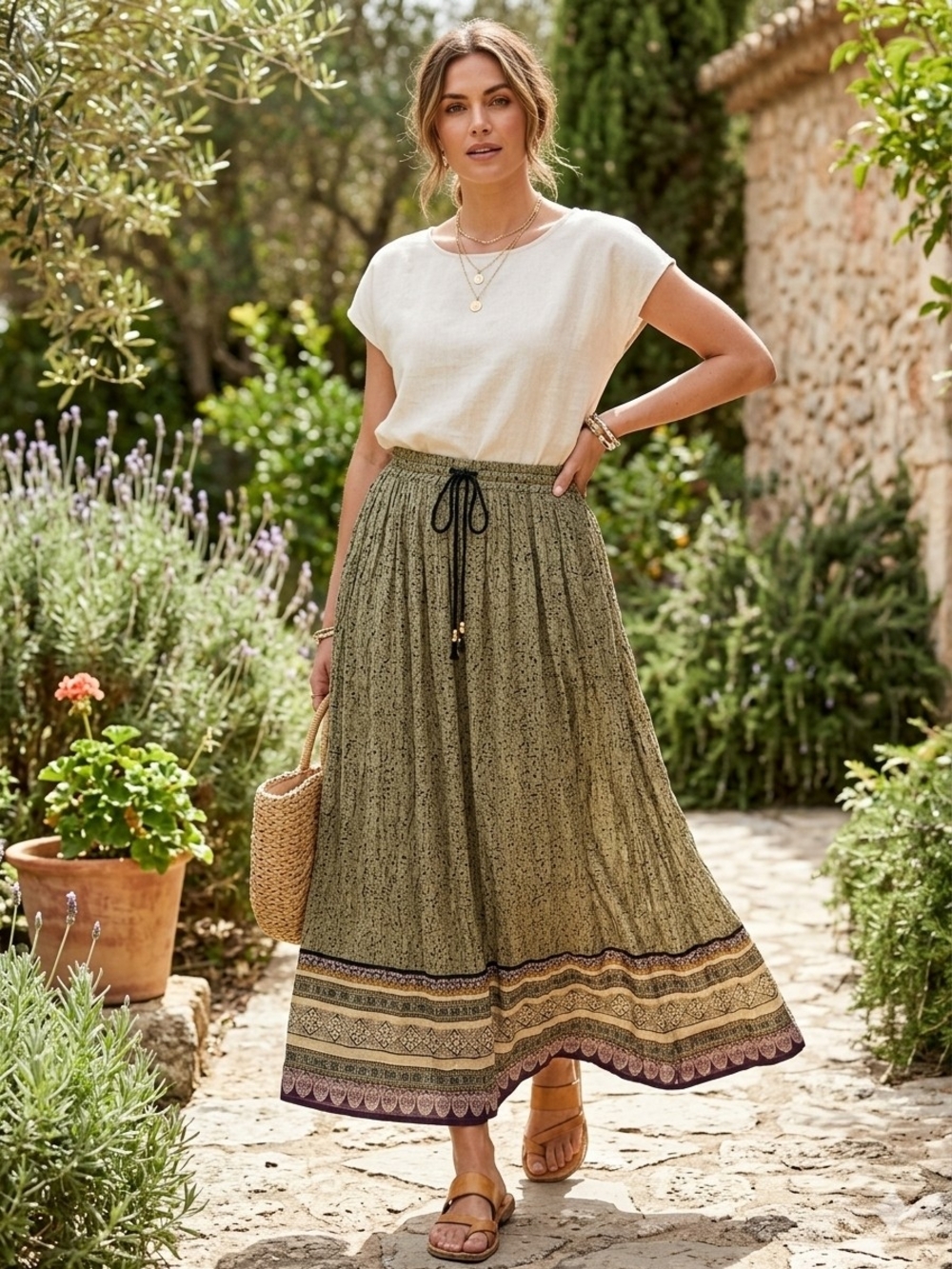 Sag Harbor Olive Green Printed Maxi Skirt with Contrast Hem